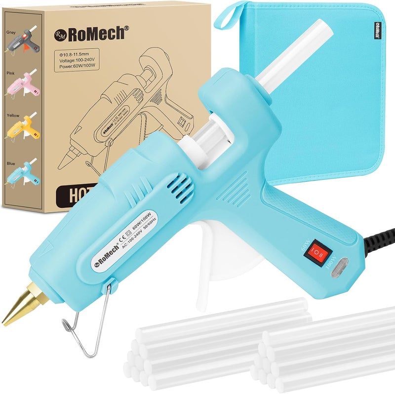 ROMECH Full Size Hot Glue Gun with 60/100W Dual Power and 21 Hot Glue Sticks (7/16"), Fast Preheating Heavy Duty Industrial Gluegun with Storage Case for Crafting, DIY and Repairs (Cyan) - Image 1